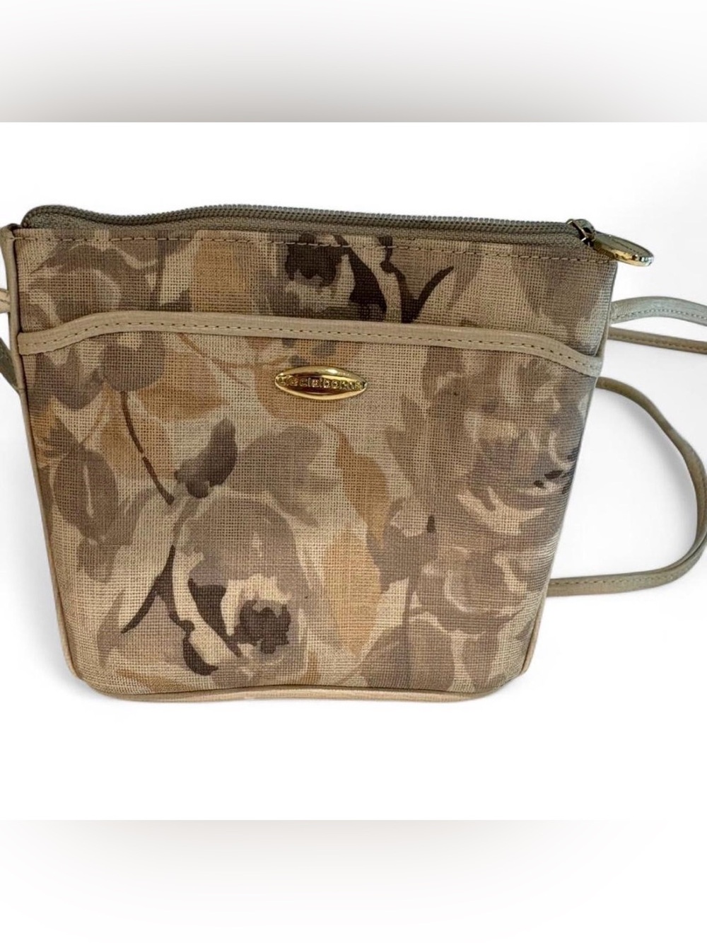 90s Liz Claiborne Beige Floral Tapestry Crossbody Bag Gold Detail
